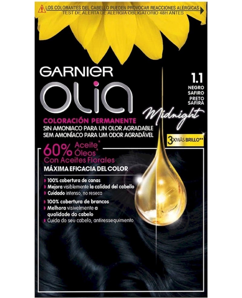 GARNIER - OLIA Coloración Permanente N. 1,10 Black Sapphire 4 pz